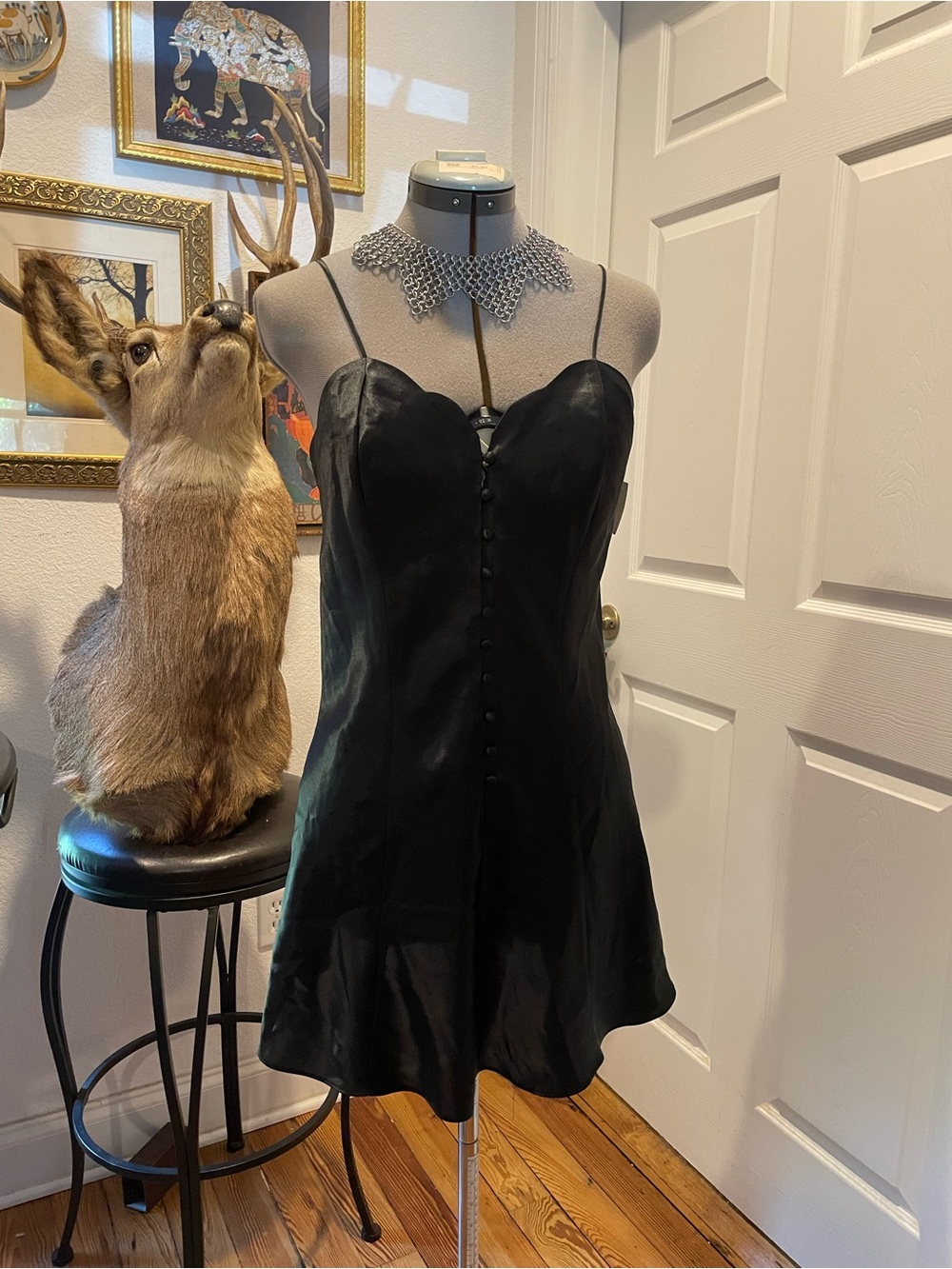 Black Satin Slip Dress with Button Front